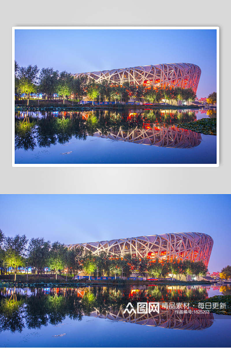 北京风光夜景河畔鸟巢唯美建筑高清图片素材