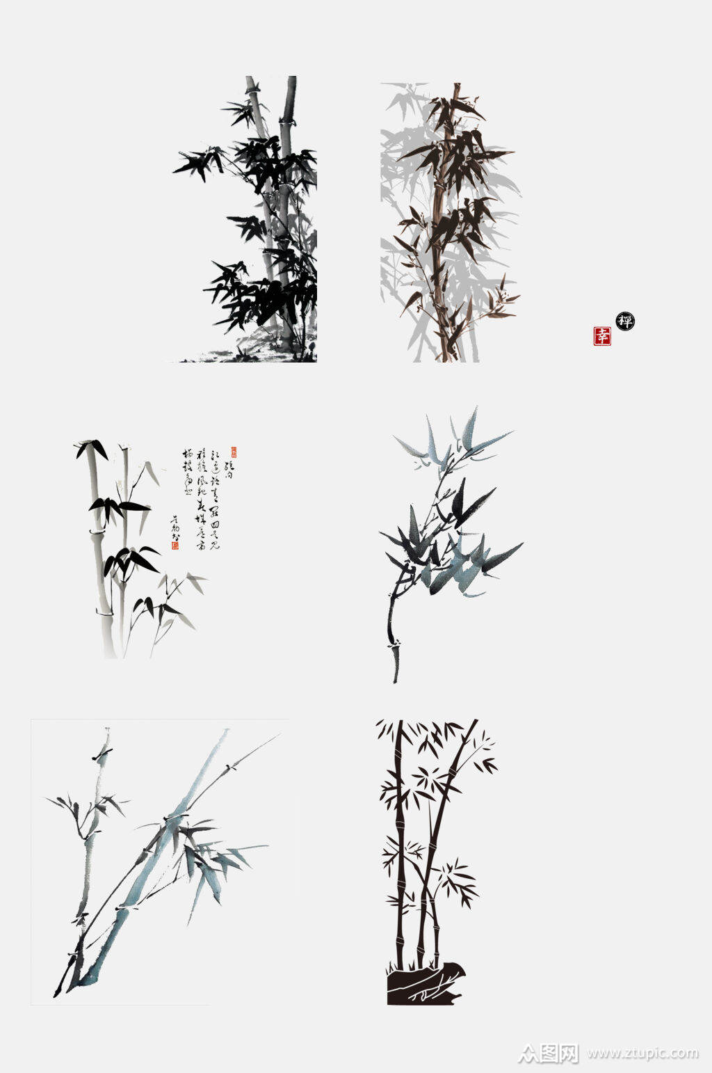 中国风手绘画水墨竹子元素素材