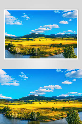 乌兰布统风景金色草原河流蓝天白云图片