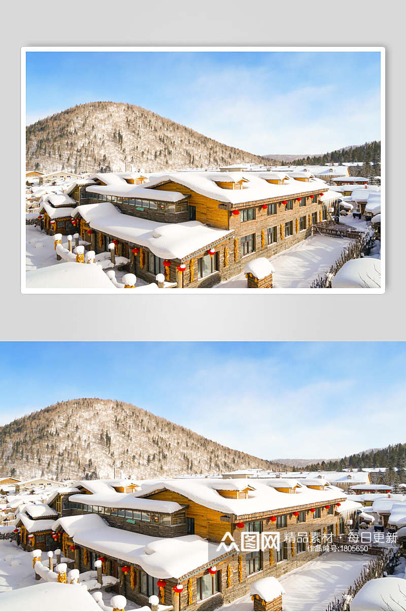 雪山下的村庄冬景图高清图片素材