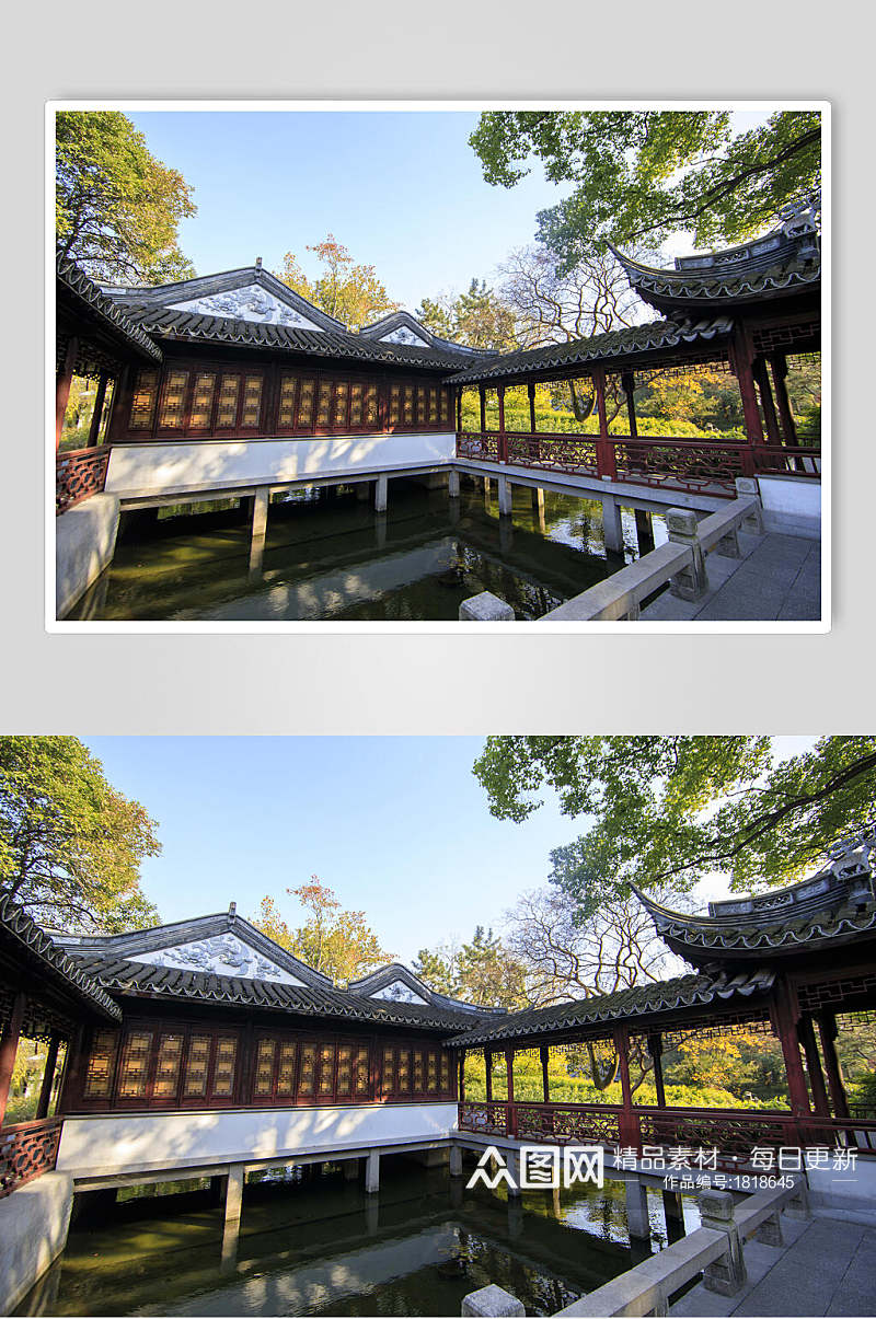 中国元素古建筑景区湖水高清图片素材