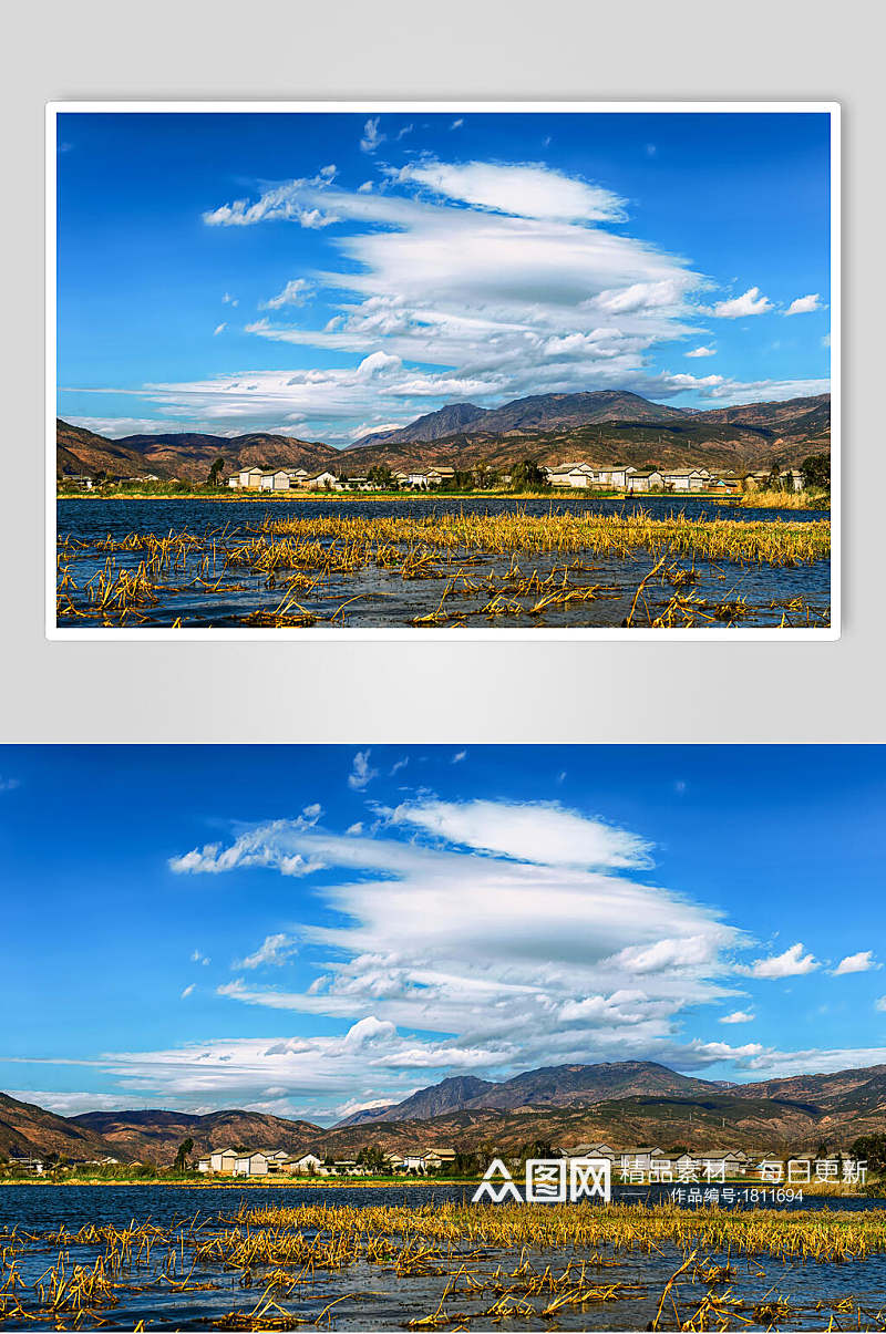 蓝天白云下的洱海洱源村风光高清图片素材
