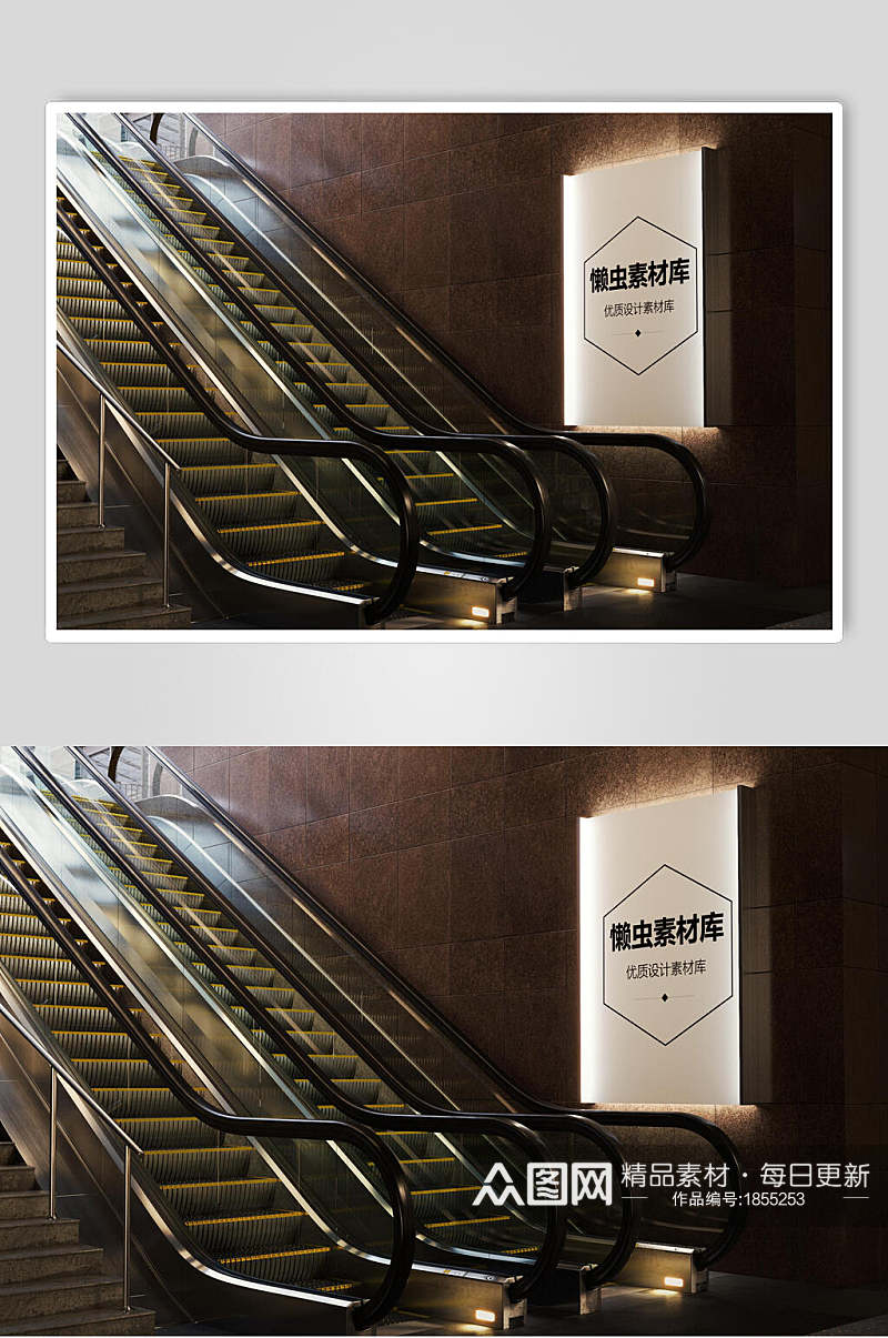 电梯扶手旁白色灯箱样机效果图素材