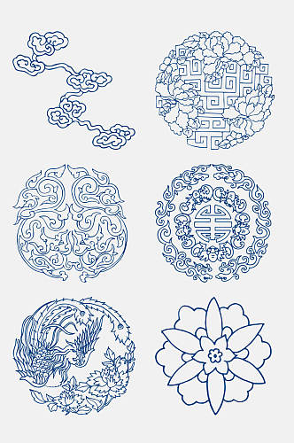 中式手绘画青花瓷素材设计元素素材
