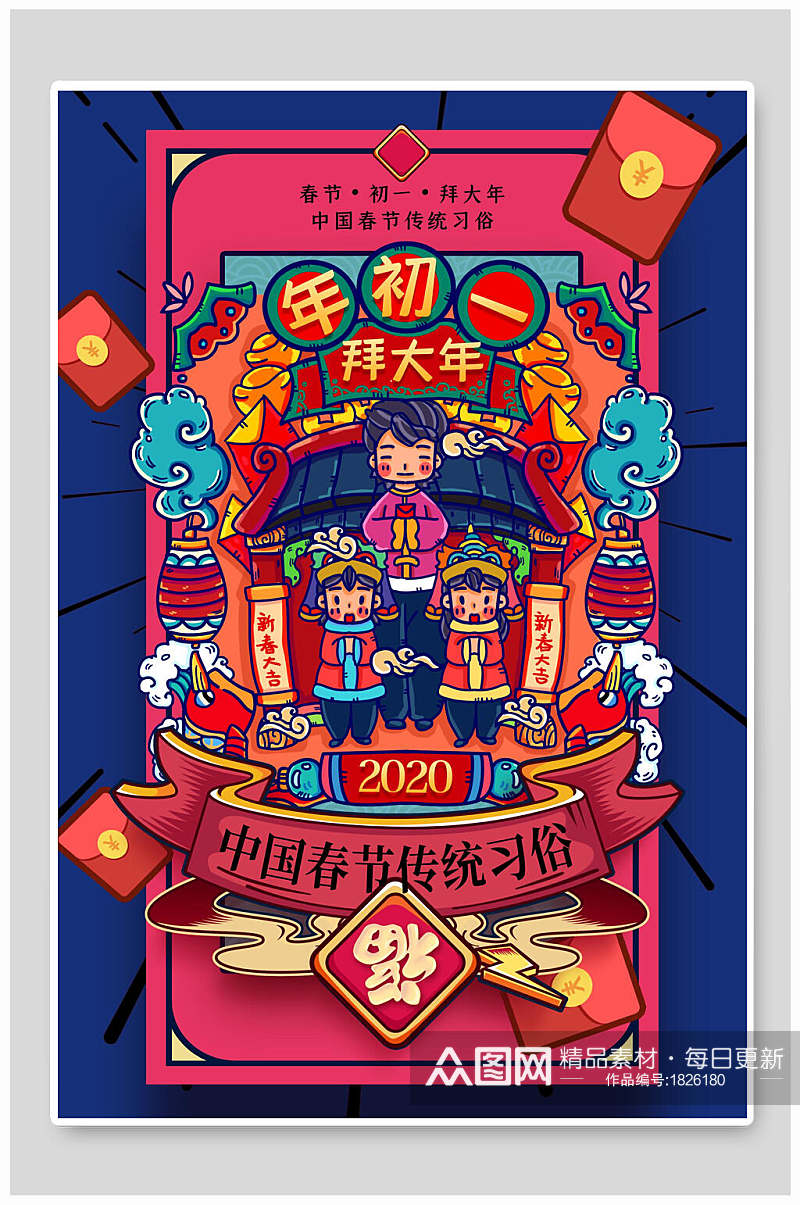年初一拜大年中国春节传统习俗海报素材