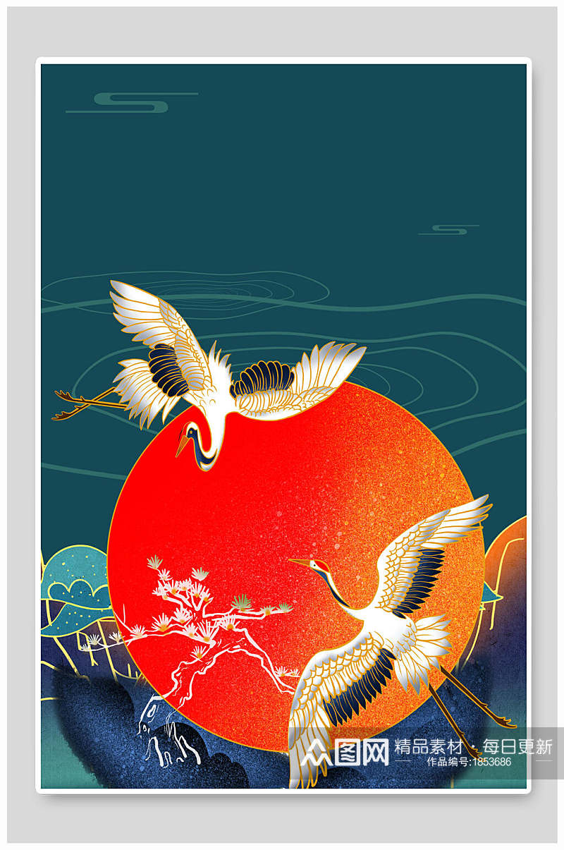 国潮免抠背景竖向红日仙鹤飞舞素材
