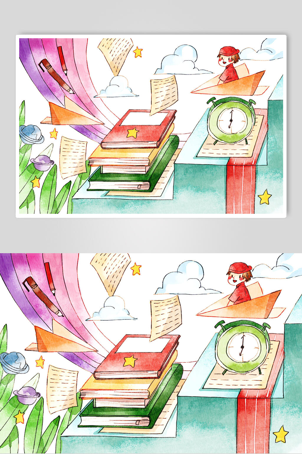手绘水彩风开学季插画素材素材