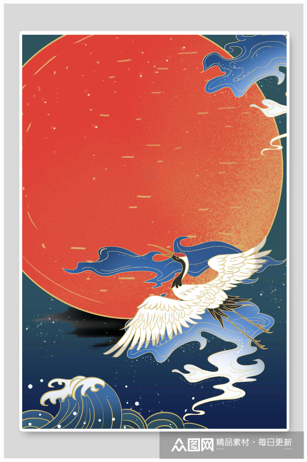 国潮免抠背景竖向红日仙鹤云纹海浪