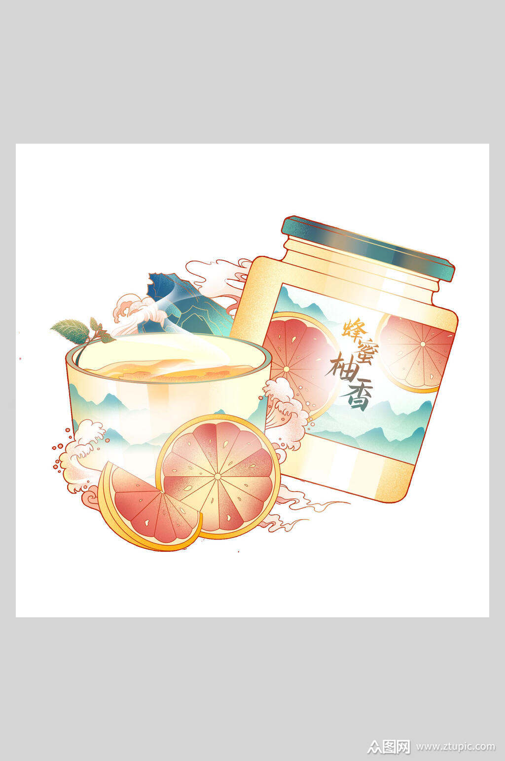 国潮美食蜂蜜柚香插画素材