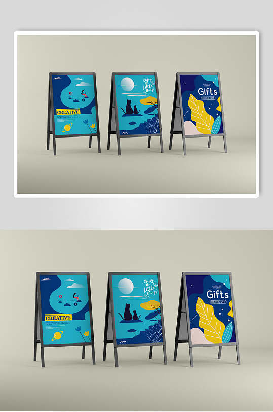 蓝色创意海报样机效果图