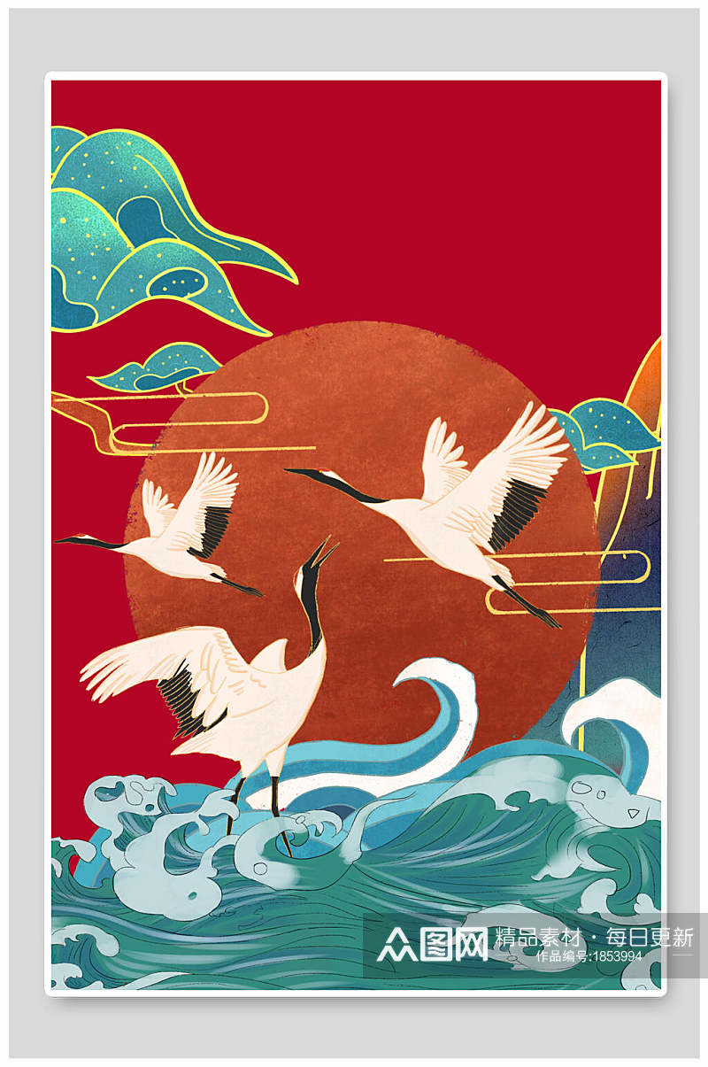 国潮免抠背景竖向红底蓝色海浪仙鹤红日素材
