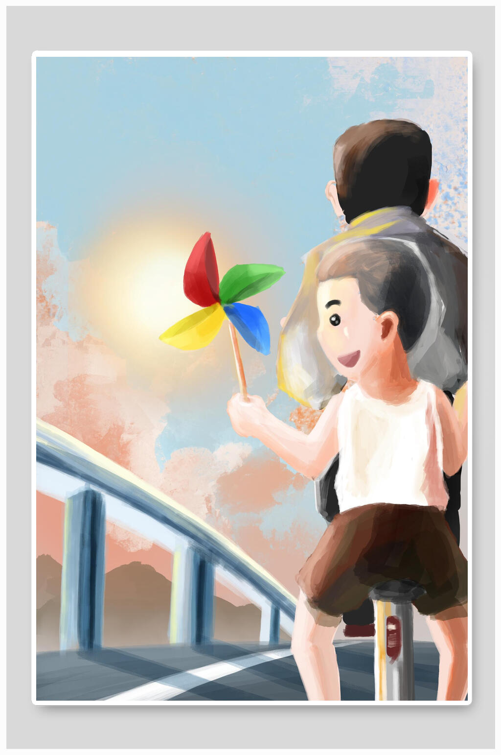 坐在自行车的后座父亲节插画素材素材