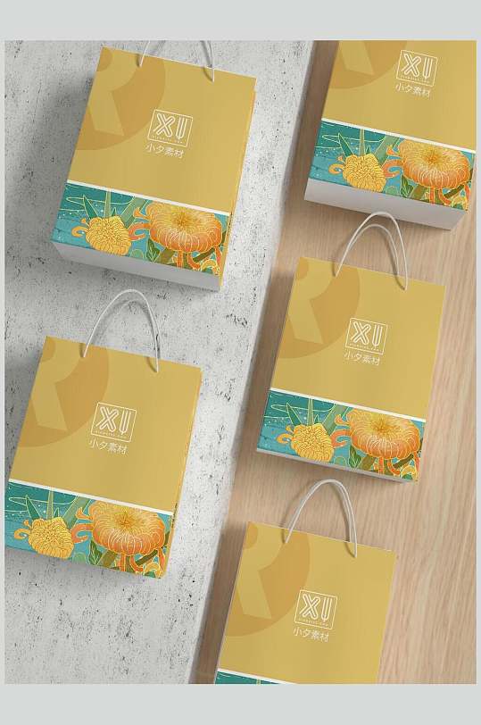 清新黄色花卉手提袋牛皮纸袋包装样机贴图效果图