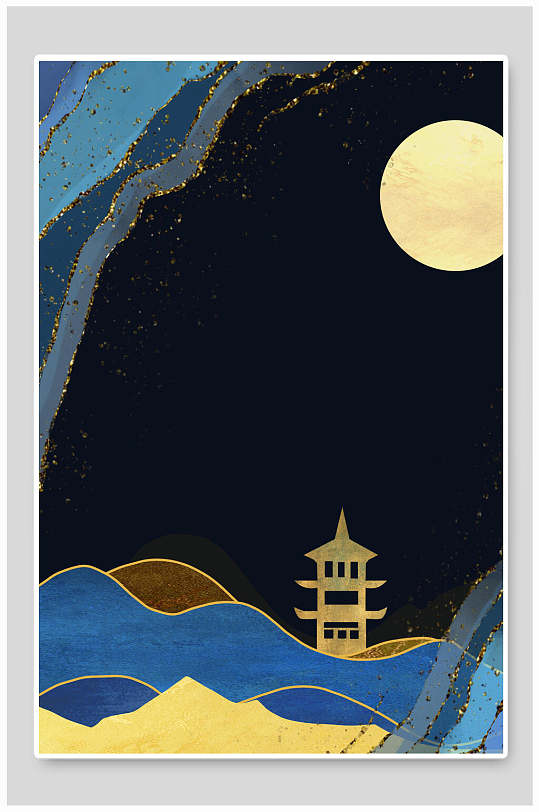 中式鎏金月亮山水塔艺术海报