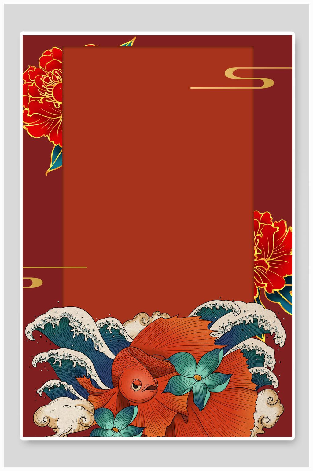 国潮免抠背景竖向红色底波浪云纹锦鲤素材