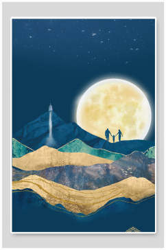 中式鎏金月亮山水星空海报