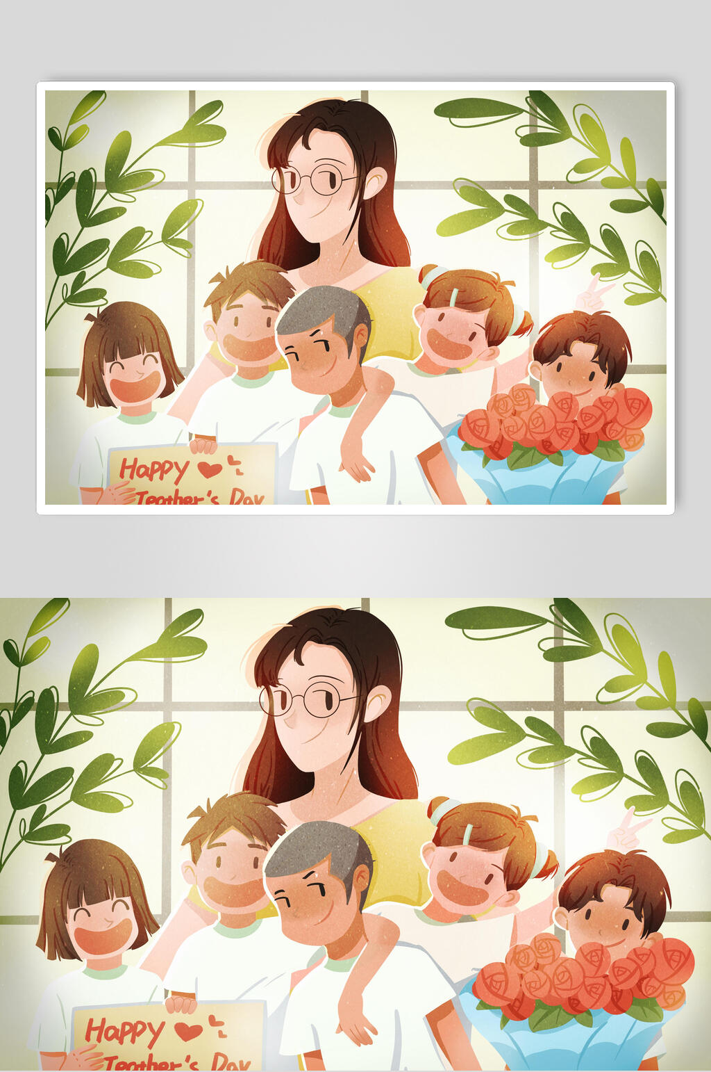 清新花卉卡通人物开学季插画素材素材
