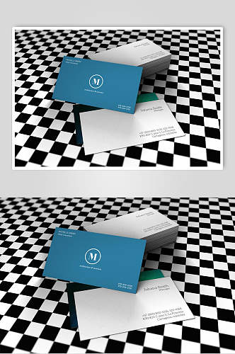格子背景蓝色品牌名片LOGO展示样机正反面效果图