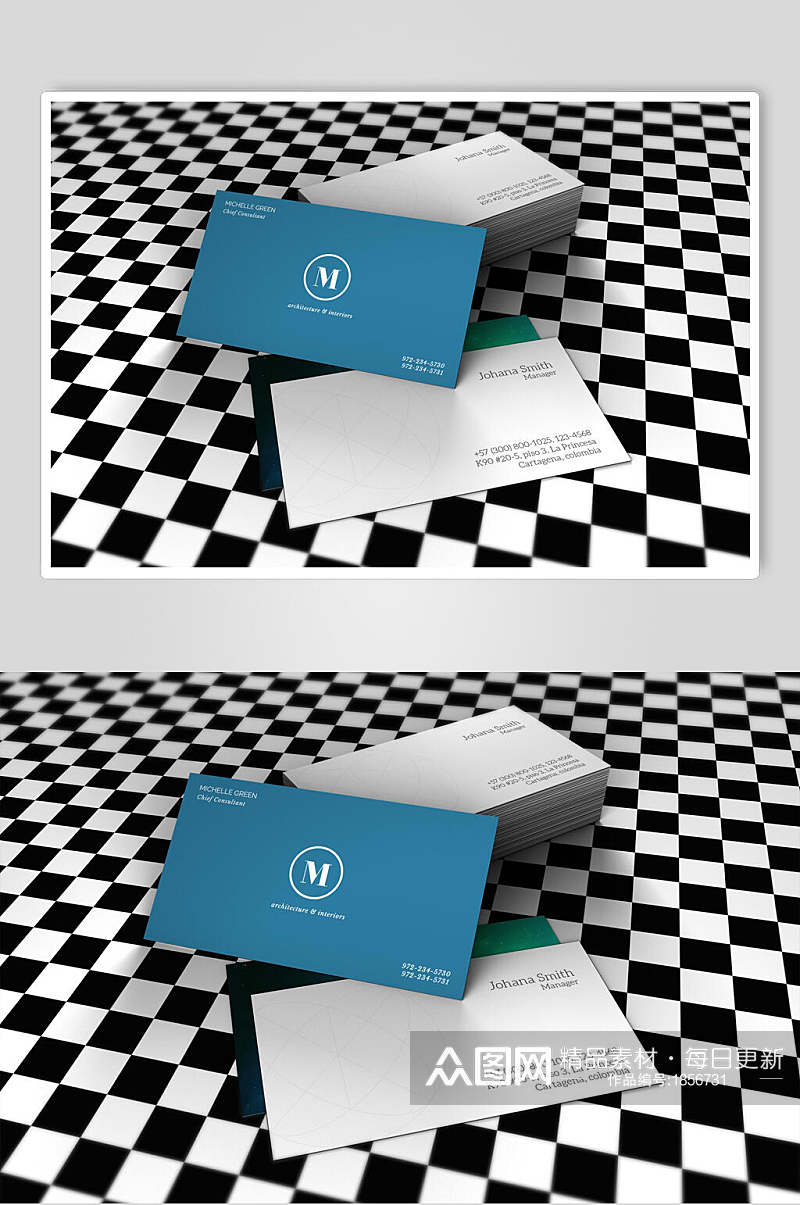 格子背景蓝色品牌名片LOGO展示样机正反面效果图素材