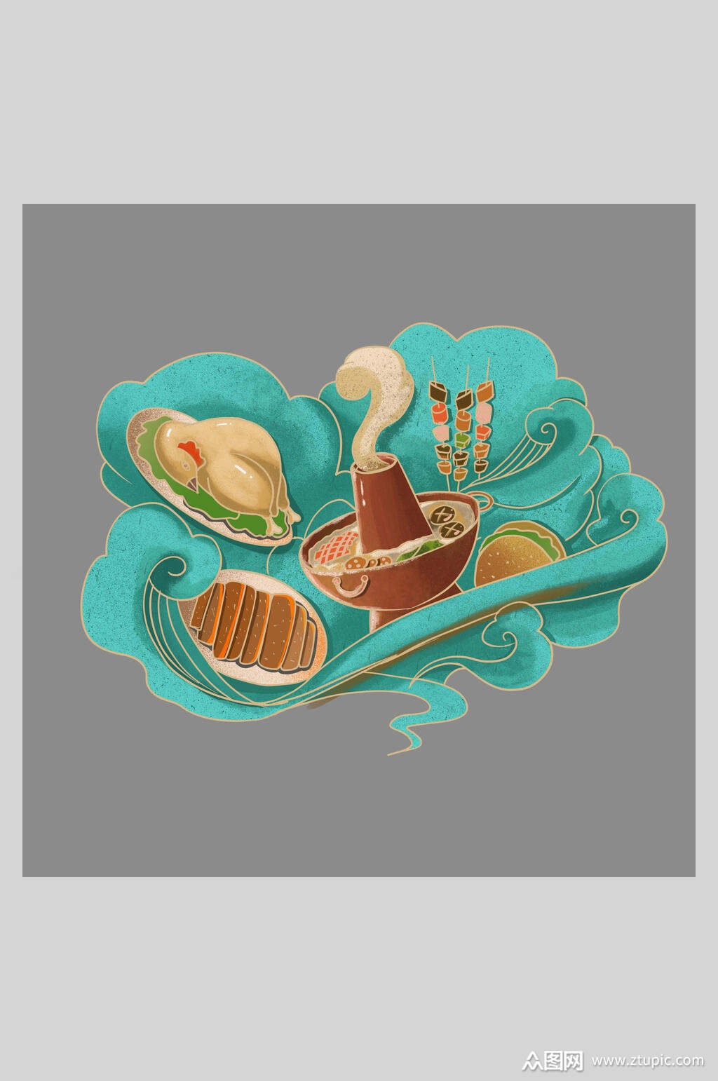 国潮美食火锅串串插画素材