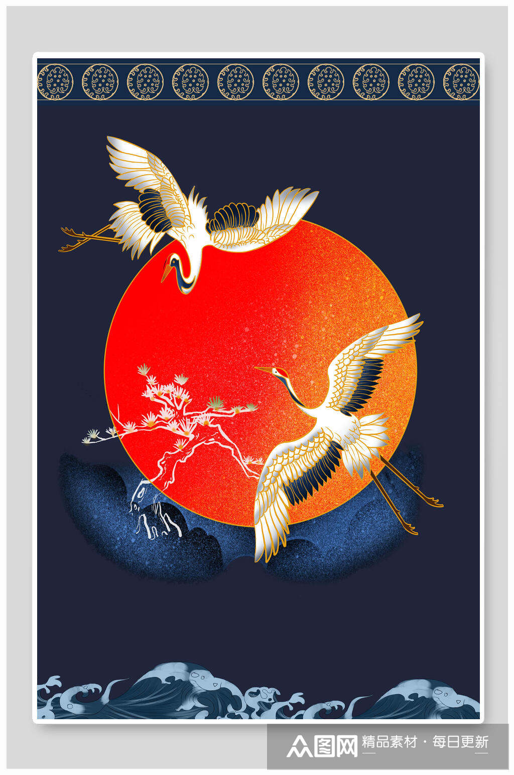 国潮免抠背景竖向红日仙鹤云纹海浪素材
