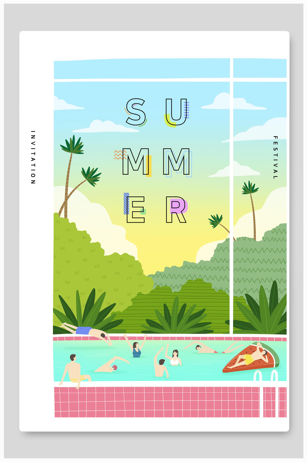 清凉夏季游泳促销海报素材