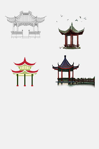 中国风扁平风凉亭建筑免抠设计元素素材