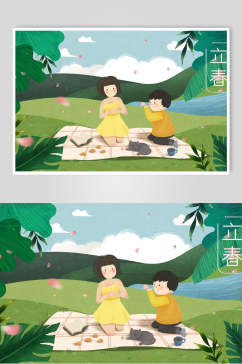 家庭野餐踏青立春插画素材海报
