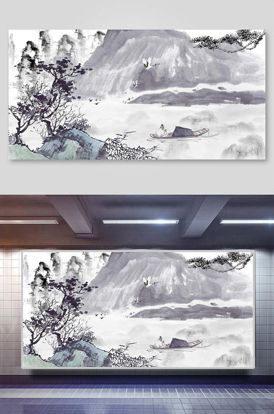 黑白国潮风水墨画山水背景展板