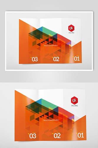 橘色几何风品牌三折页宣传单样机效果图