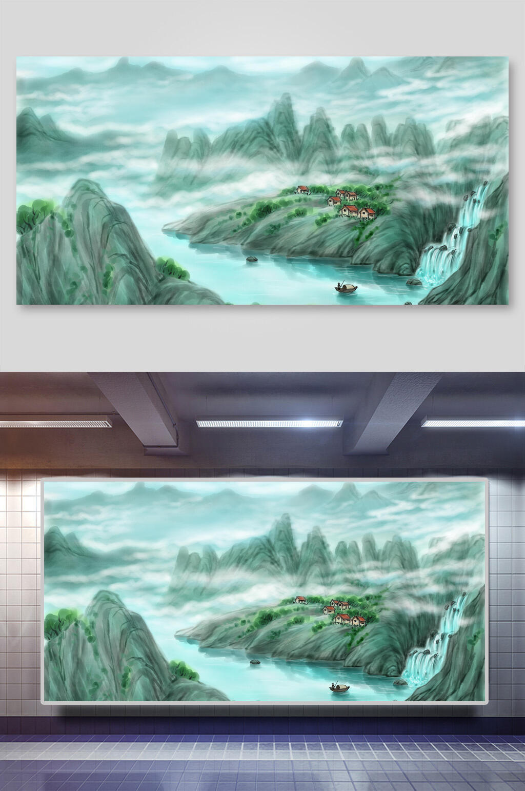 复古中式水墨画山水背景展板素材