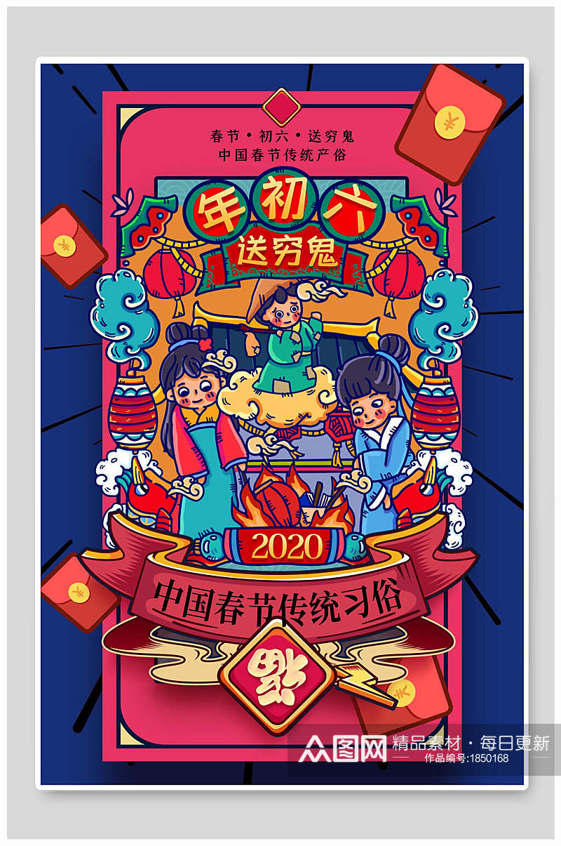 年初六送穷鬼春节传统习俗海报素材