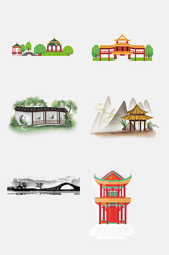 中国风扁平风凉亭建筑免抠设计元素素材