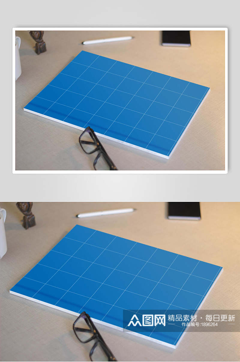 蓝色胶装画册封面样机效果图素材