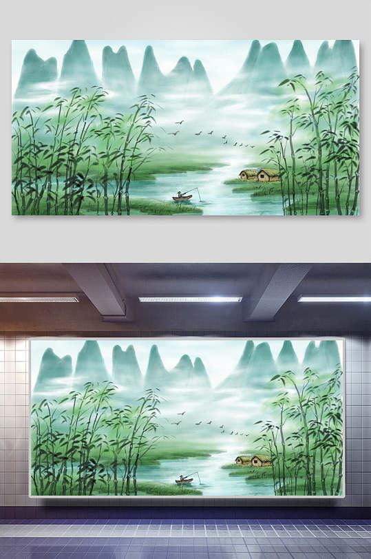 绿色清新复古水墨山水背景展板