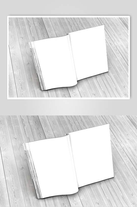 木纹底白色画册杂志样机立体效果图