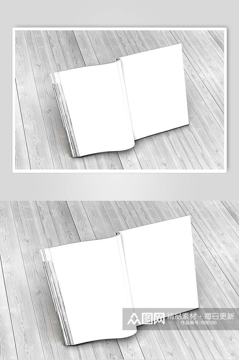 木纹底白色画册杂志样机立体效果图素材