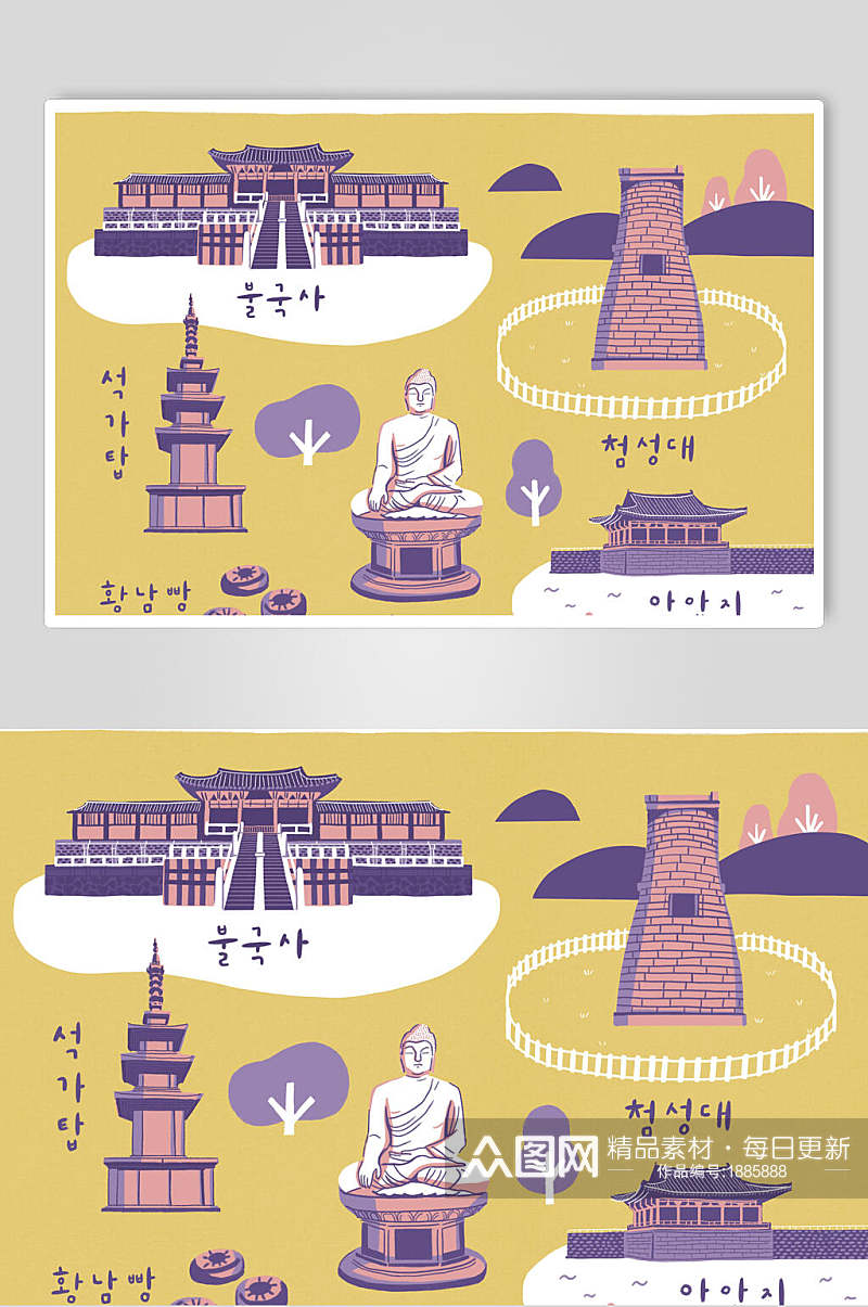 紫色韩国名胜古迹插画海报设计素材