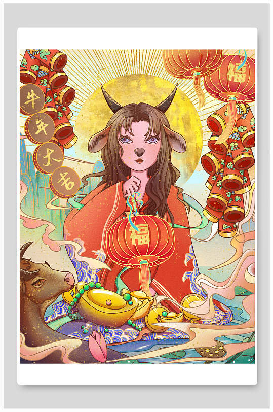 新年贺岁海报喜庆牛年大吉新年五福爱国福新春系列海报立即下载福牛