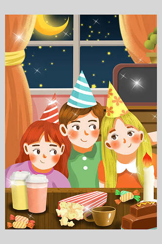 儿童节家庭聚餐插画素材