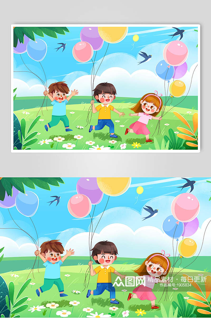 清新花卉气球儿童节插画素材素材