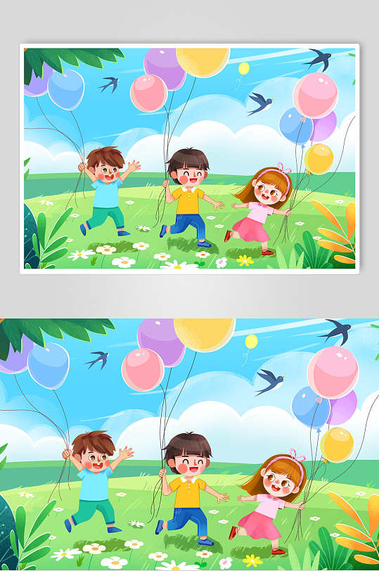 清新花卉气球儿童节插画素材