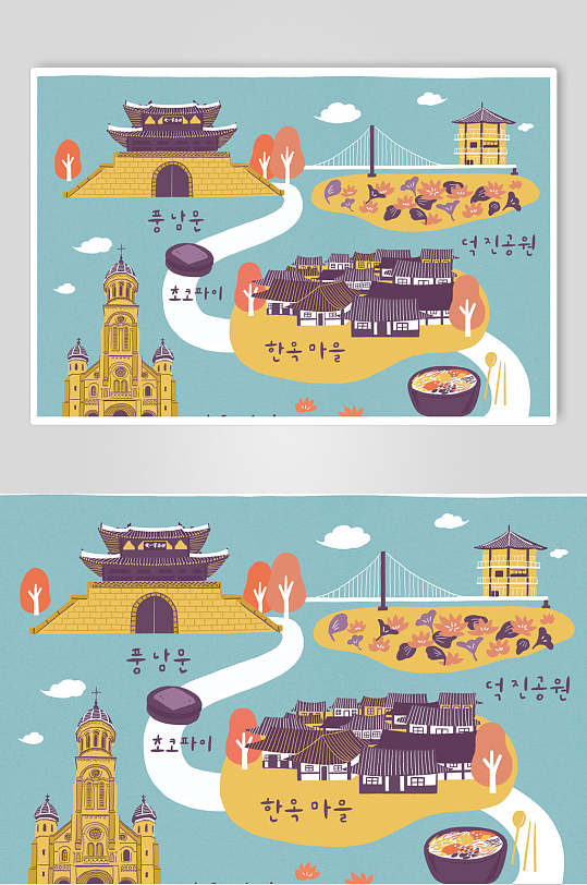 韩国名胜古迹插画海报设计