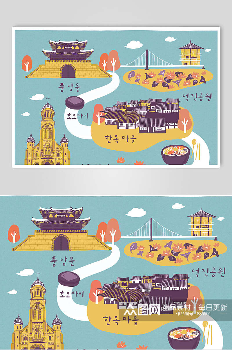 韩国名胜古迹插画海报设计素材