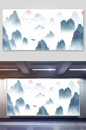 新中式水墨画山水背景展板
