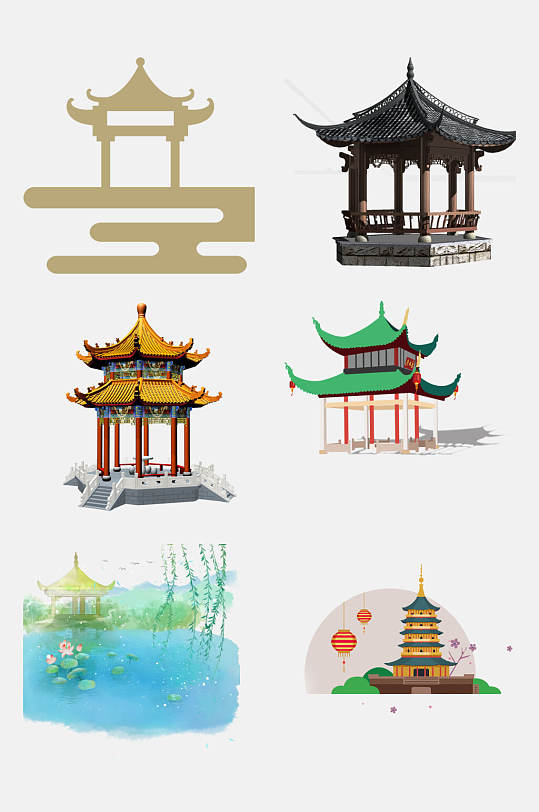 中国风凉亭建筑免抠设计元素素材