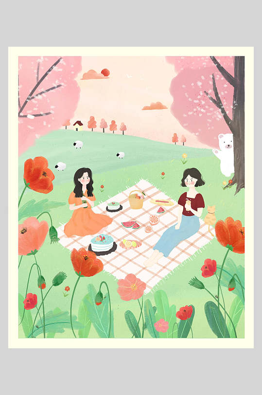 野餐立春插画素材海报