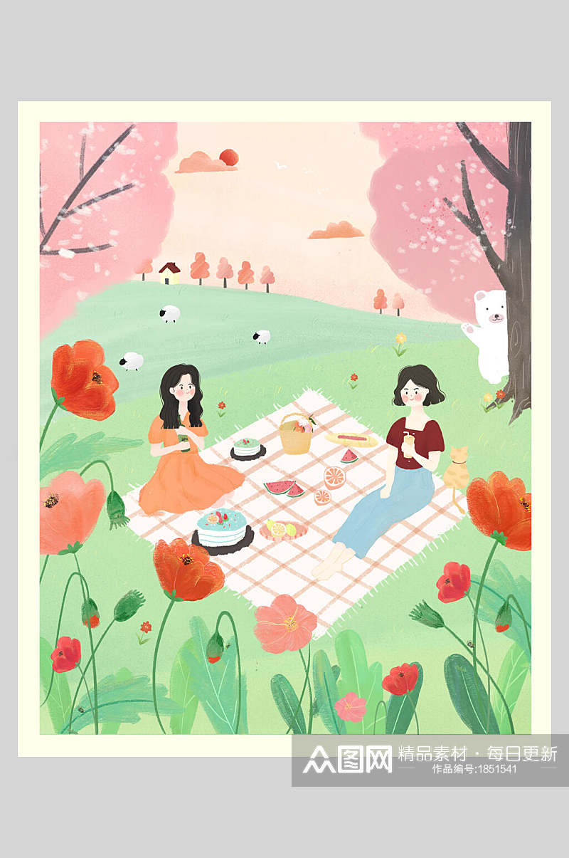 野餐立春插画素材海报素材