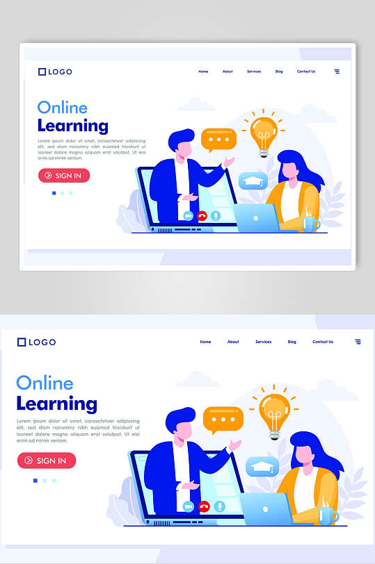 扁平化在线学习交流插画素材设计