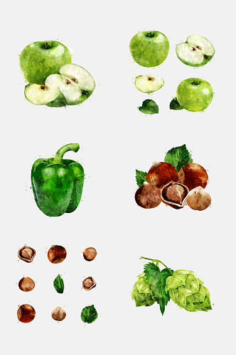 苹果圆椒蔬菜水果手绘水彩免抠元素素材